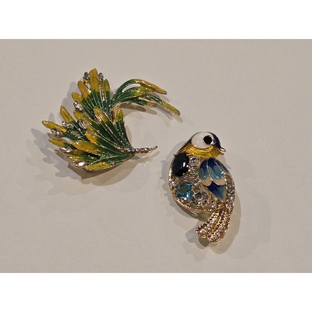 Blue Bird & Yellow Green Floral Enamel Brooch Lot Rhinestone Gold Tone Pins 1052